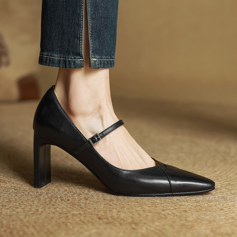 Evie | Women's Genuine Leather Black Heels with Adjustable Strap 7