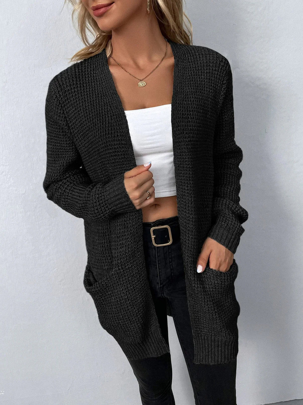 Knit Open Front Long Cardigan for Women | Versatile Black Layering Essential 0