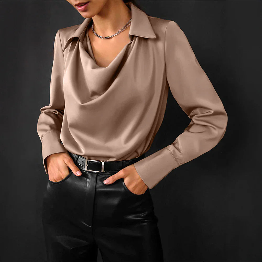 Tessa | Elegant Long Sleeve Satin Blouse for Women with Draped Neckline 0