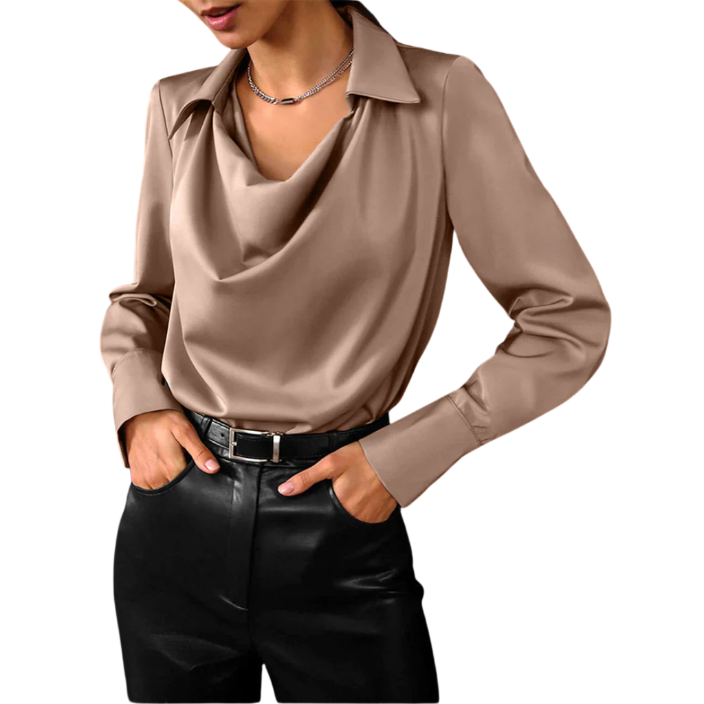 Tessa | Elegant Long Sleeve Satin Blouse for Women with Draped Neckline 2
