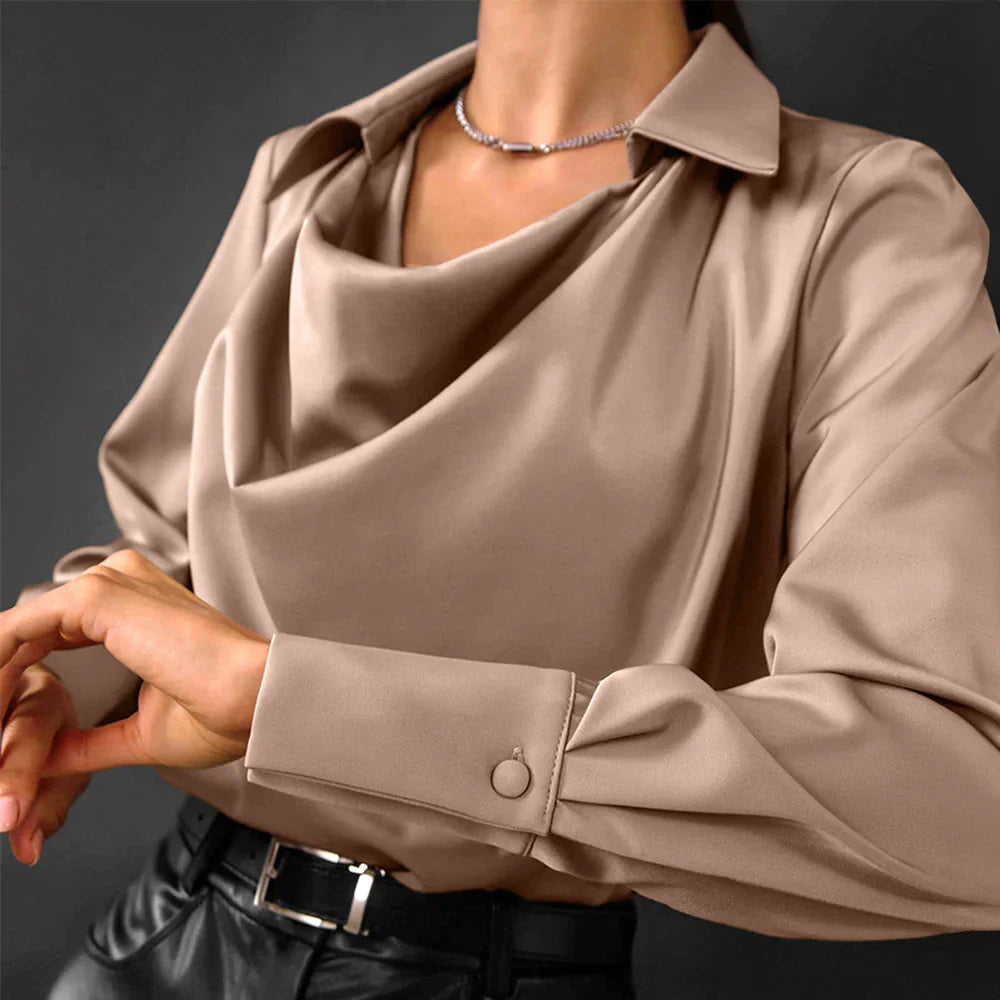 Tessa | Elegant Long Sleeve Satin Blouse for Women with Draped Neckline 3
